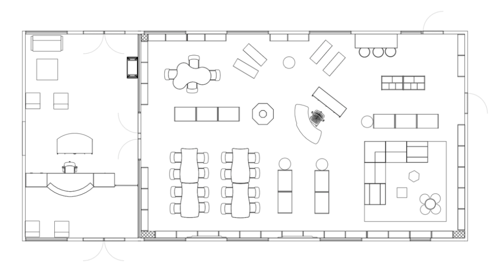 2D line art of media center and reception area